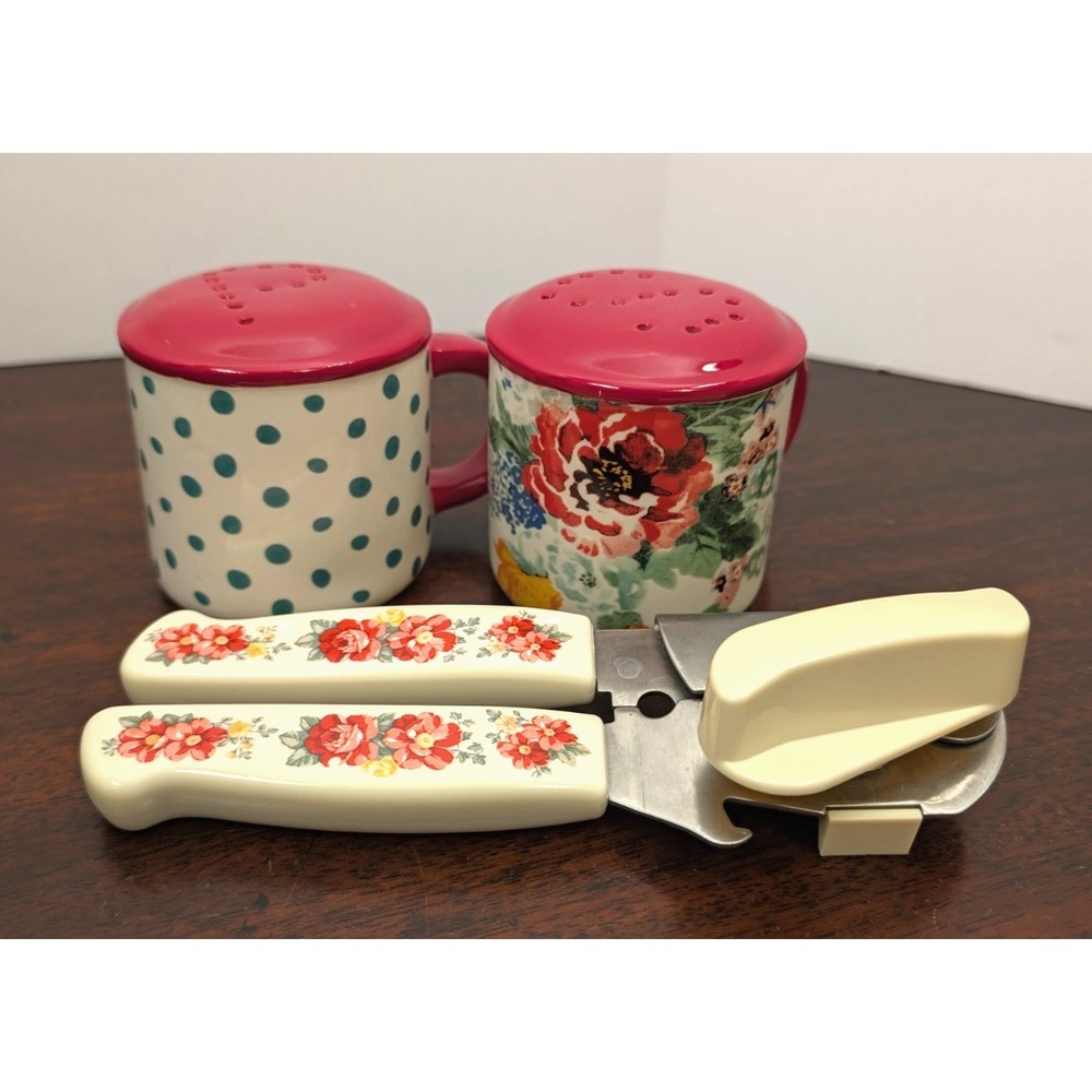 Pioneer Woman Floral Polka Dot Salt Pepper Shakers Can Opener Kitchen Lot 3pc